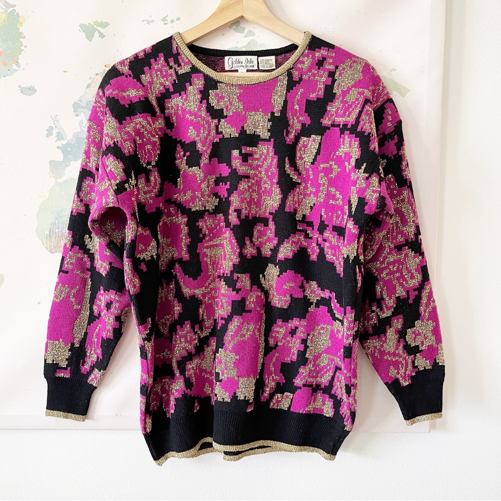 VTG Golden Isle Sweater Size Small Wool Metallic Blend Pink Gold Black Padded